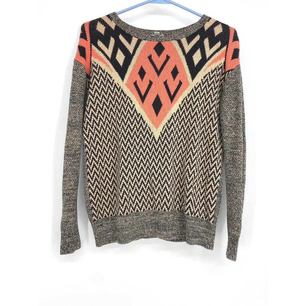 Ecote Womens Pattern‎ Knit Long Sleeve Casual Sweater Pink Gray Size Small